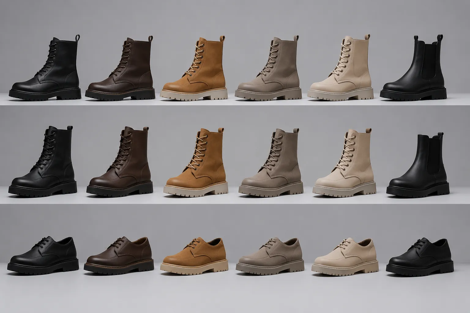 Footwear side and three-quarter visual references arranged for silhouette comparison