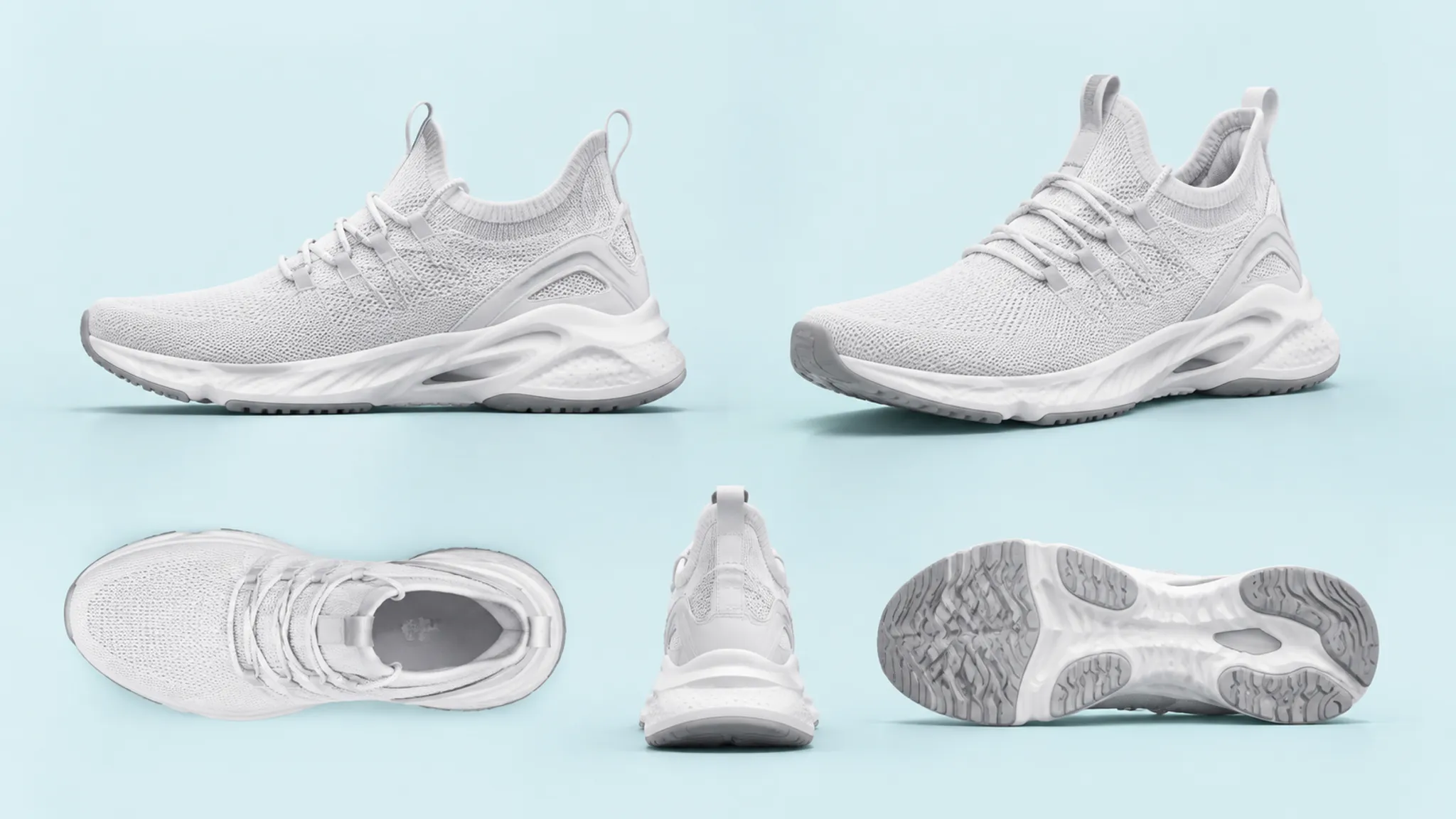 Footwear concept comparison showing side, three-quarter, top, heel, and outsole views