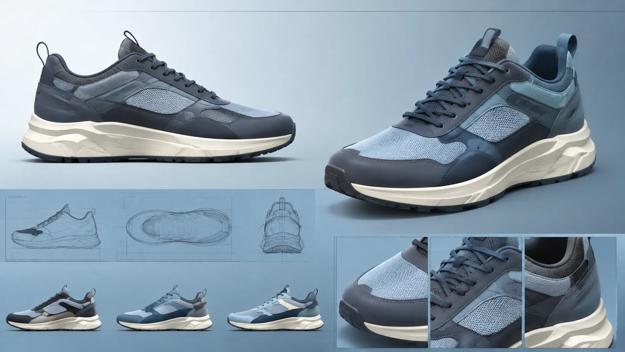 Side and three-quarter footwear concept views arranged for silhouette and upper zoning comparison