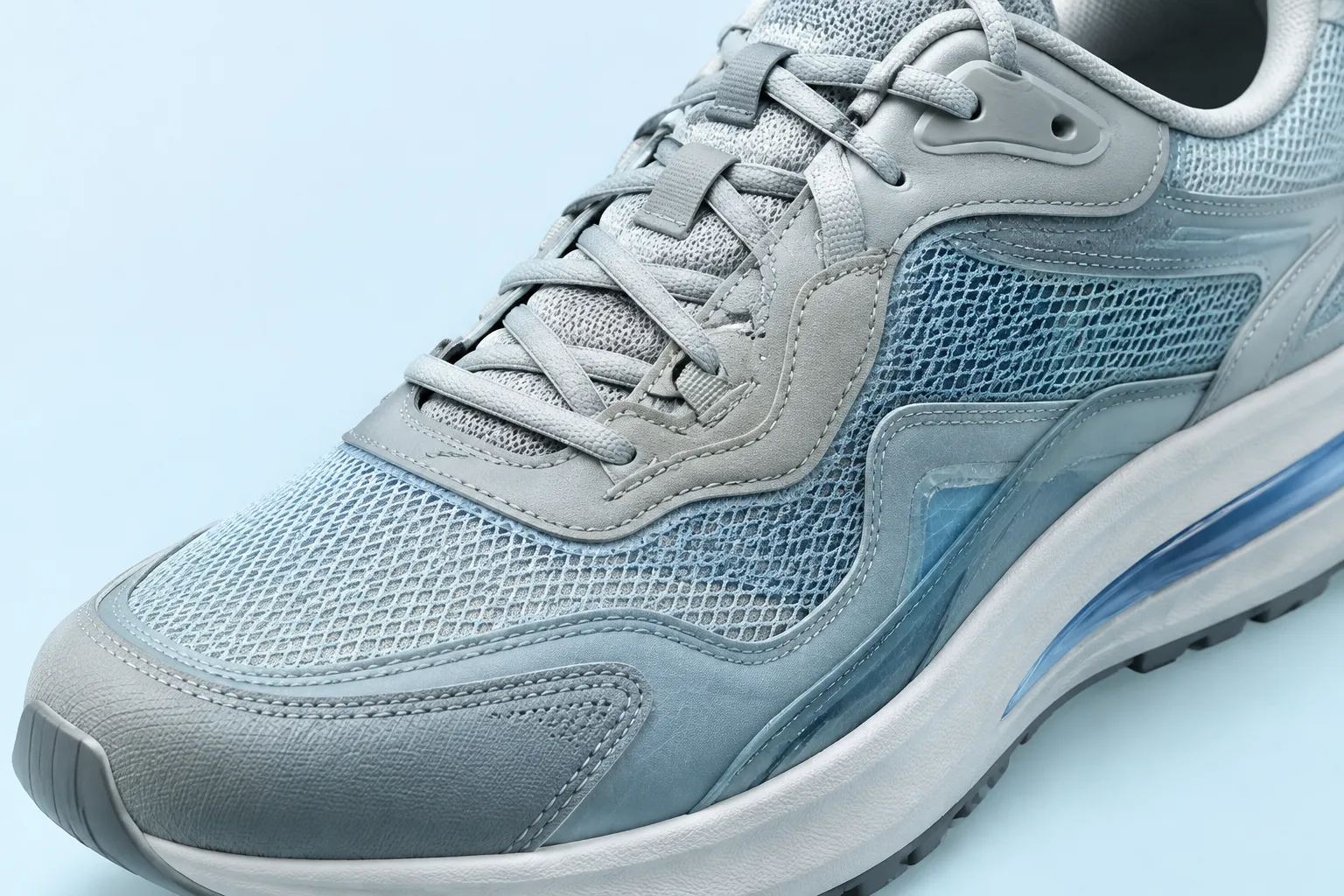 Footwear concept render close view emphasizing upper zoning, seams, overlays, and surface response