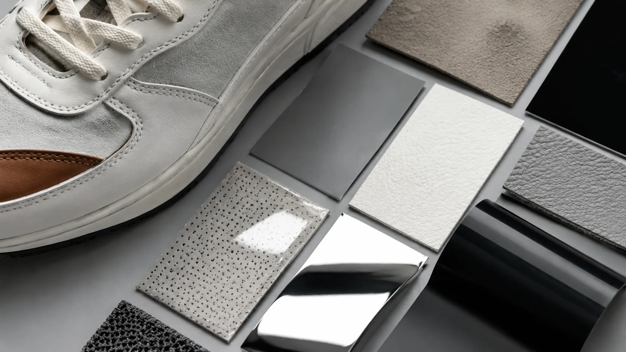 Footwear material and finish studies comparing smooth, textured, matte, glossy, and reflective surface cues