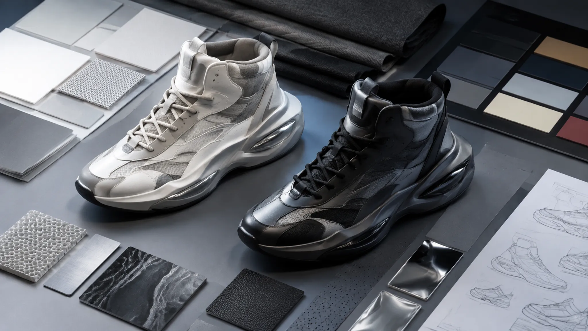Footwear colorway and material comparison arranged by visible design variables