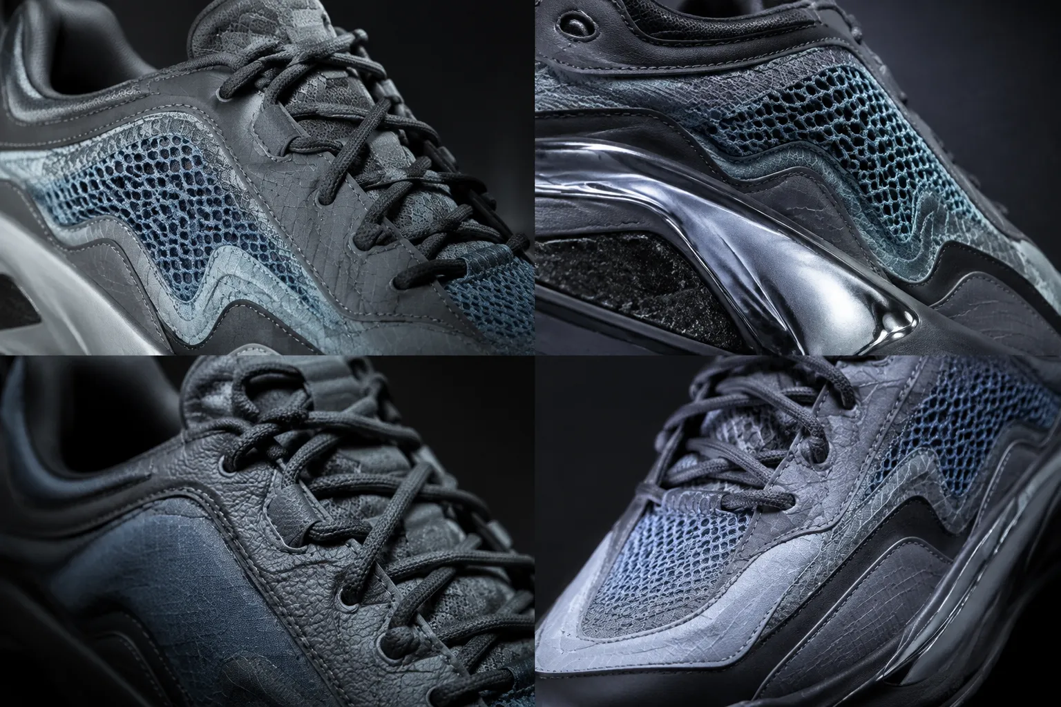 Footwear material study showing changing surface response across turntable views