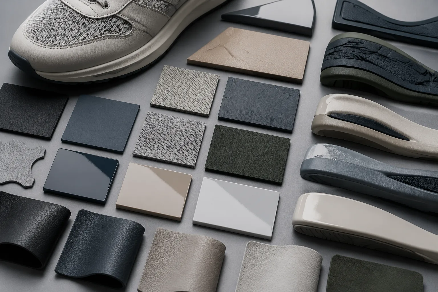 Footwear color, material, and finish references showing surface and color relationships