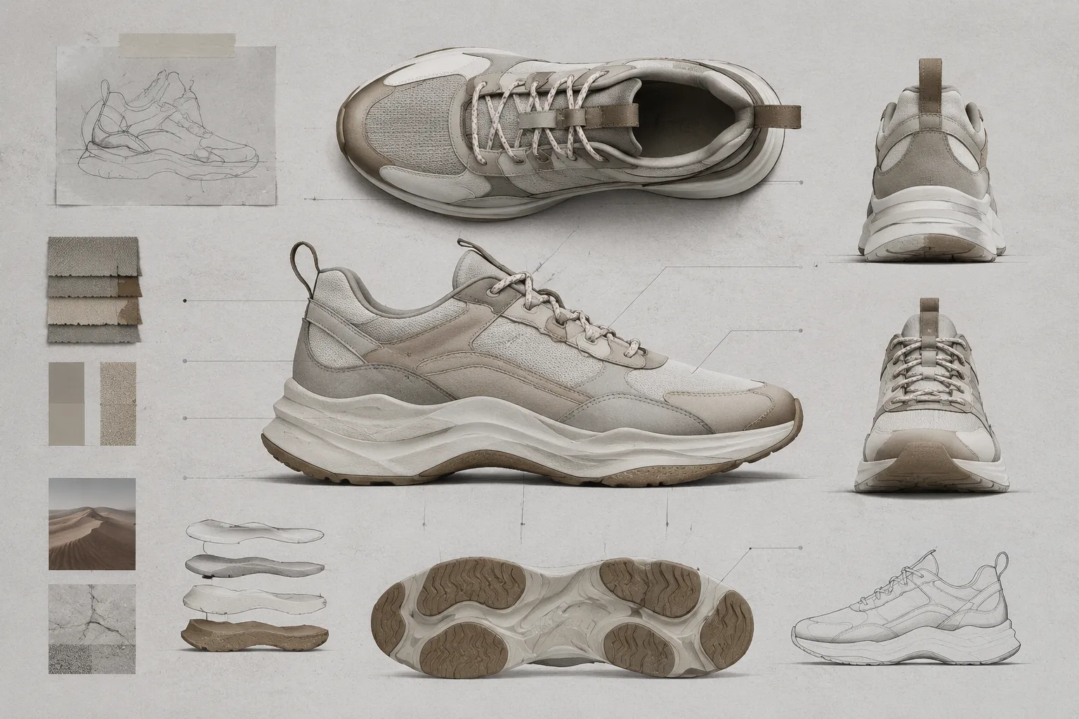 Footwear concept reference board showing a complete shoe silhouette and visual comparison details
