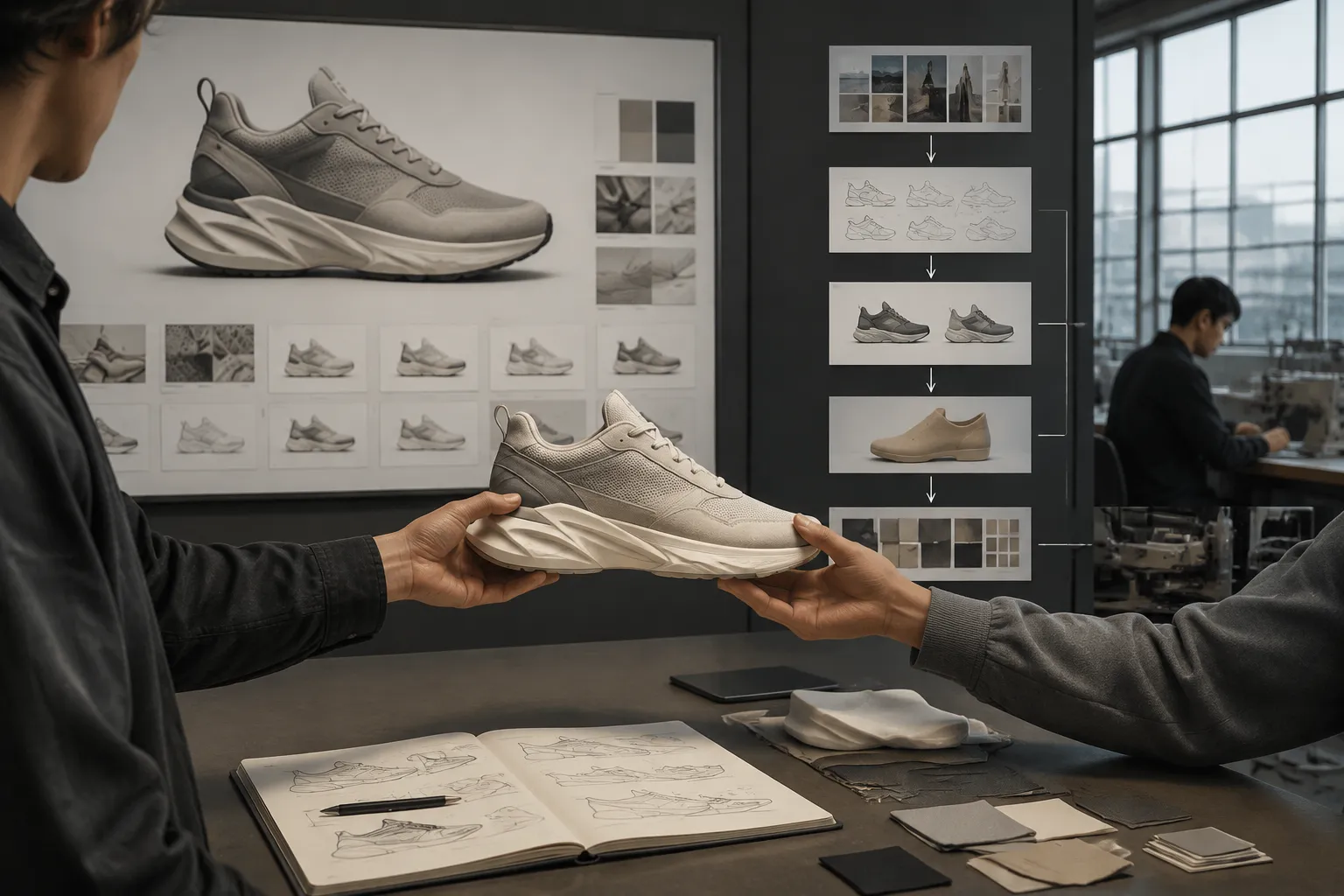 Footwear concept handoff showing review stages from visual direction to sampling