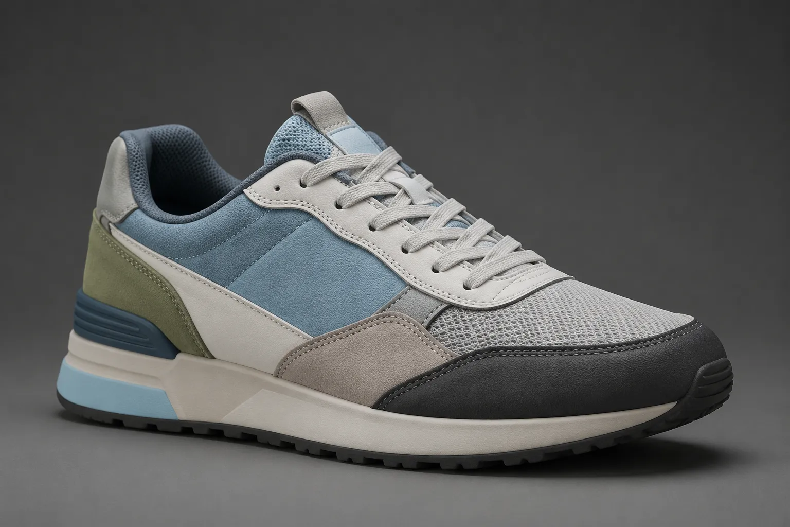 Sneaker concept upper shown with clearly differentiated visual zones from toe to heel
