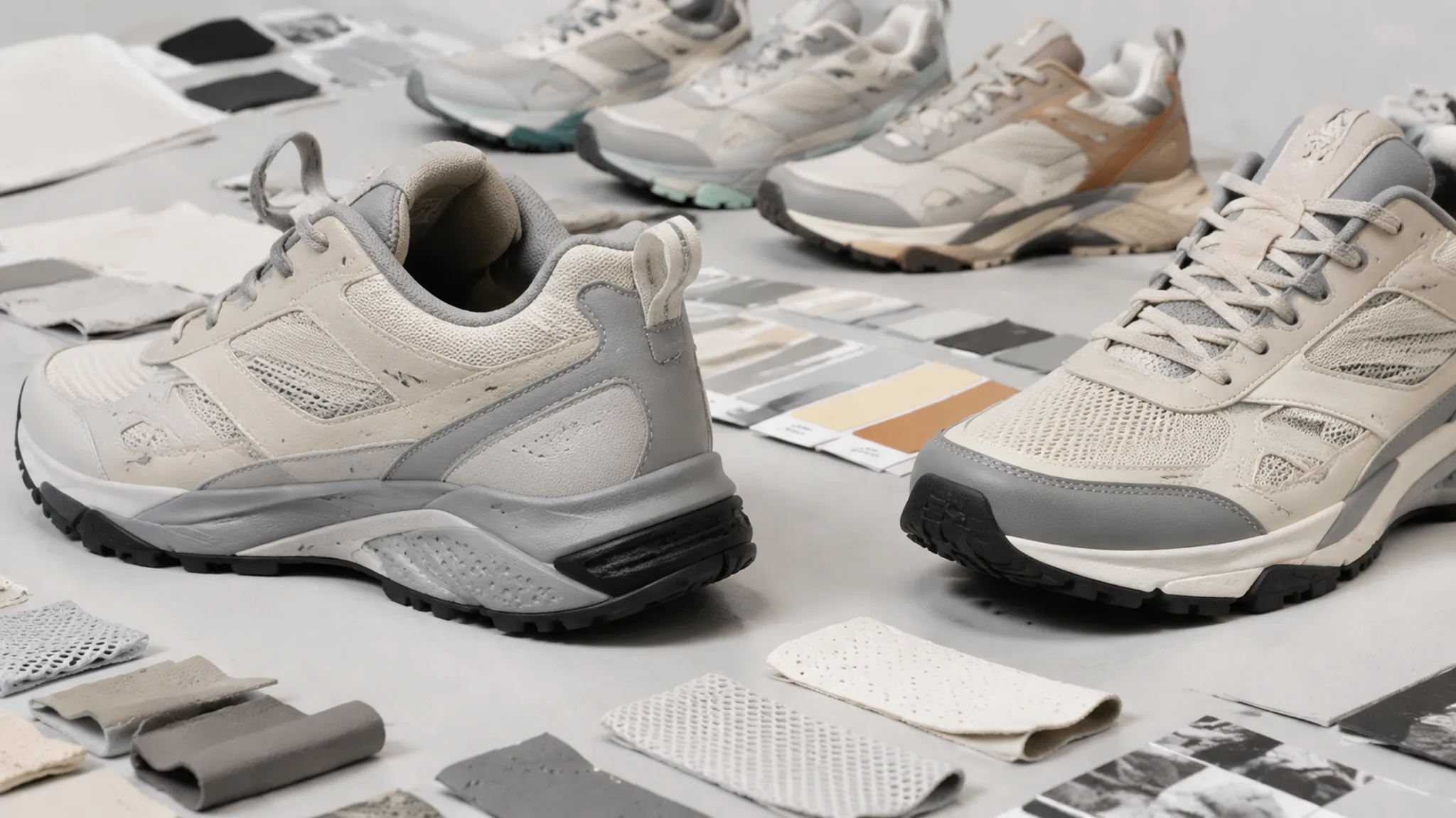 Footwear colorway and material relationship studies with upper, outsole, and accent variations