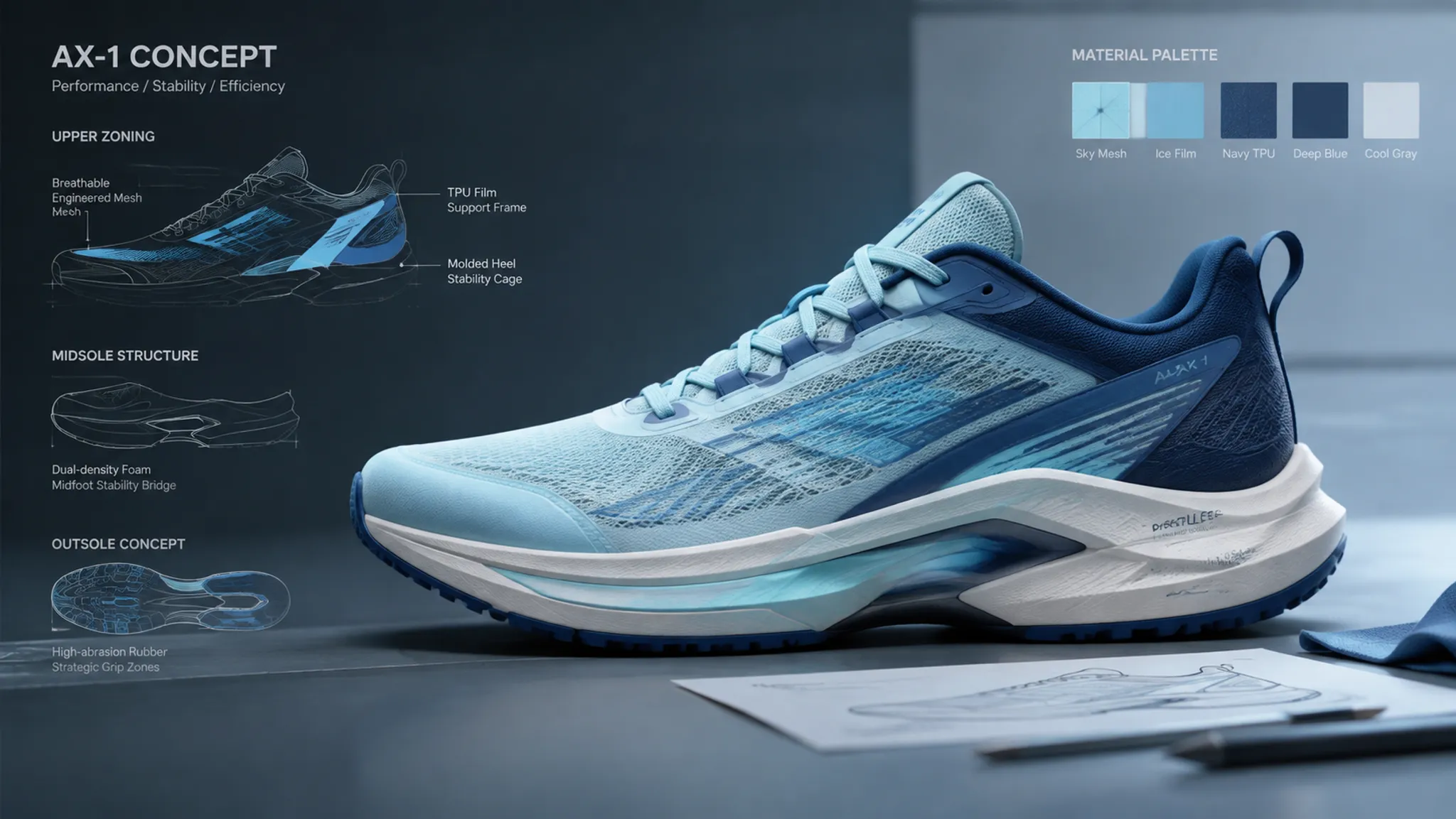 Footwear concept render comparing lighting, silhouette, and material response