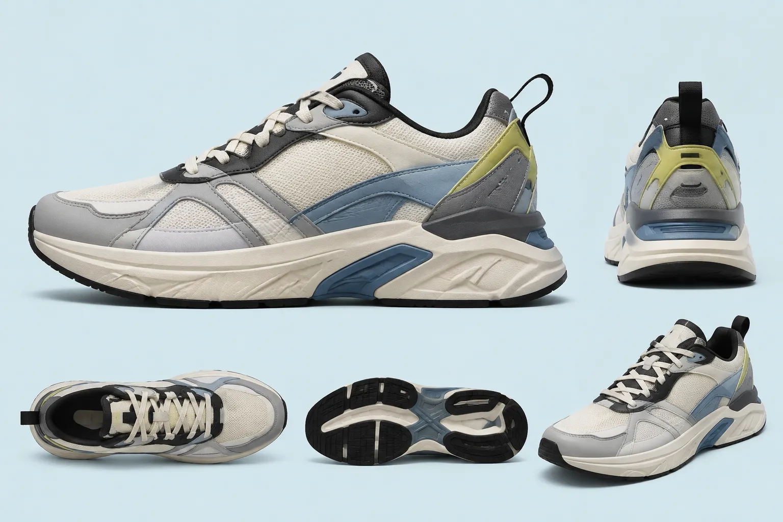 Footwear concept render shown from several controlled review angles