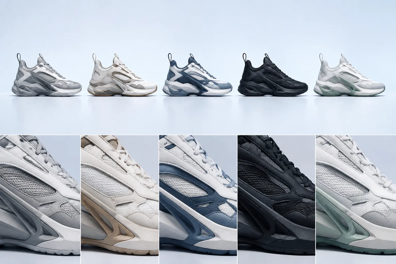 Concept sneaker collection shown as a distant lineup with enlarged panel details