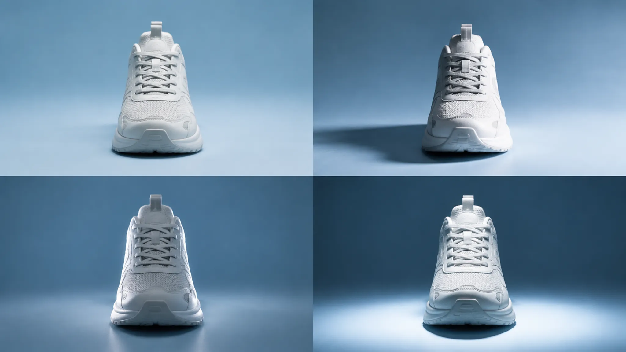 Four-view footwear lighting comparison using frontal, side, edge, and top-biased light