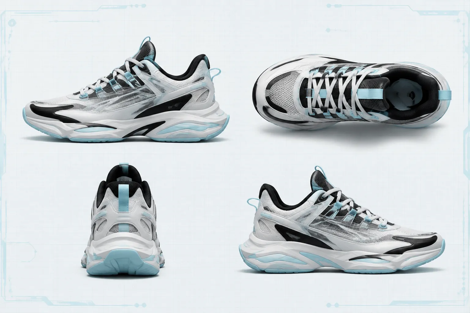 Matched lateral, top, rear, and medial views of a concept sneaker colorway