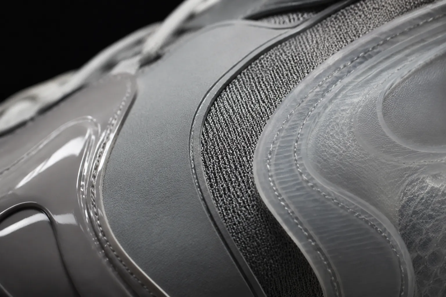 Close material study of glossy, woven, diffuse, and translucent sneaker concept panels