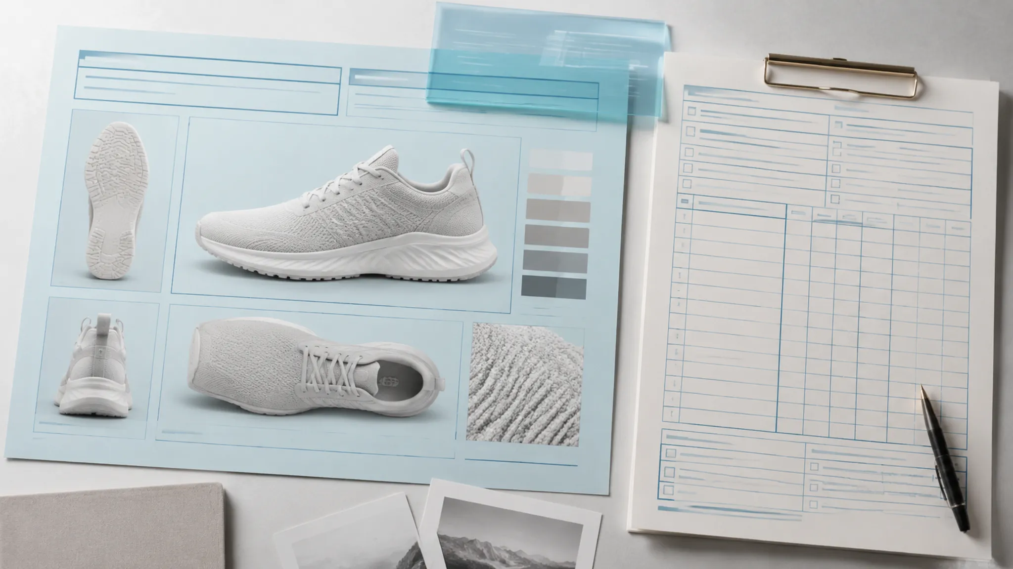 Source and rights ledger beside a footwear visual reference package