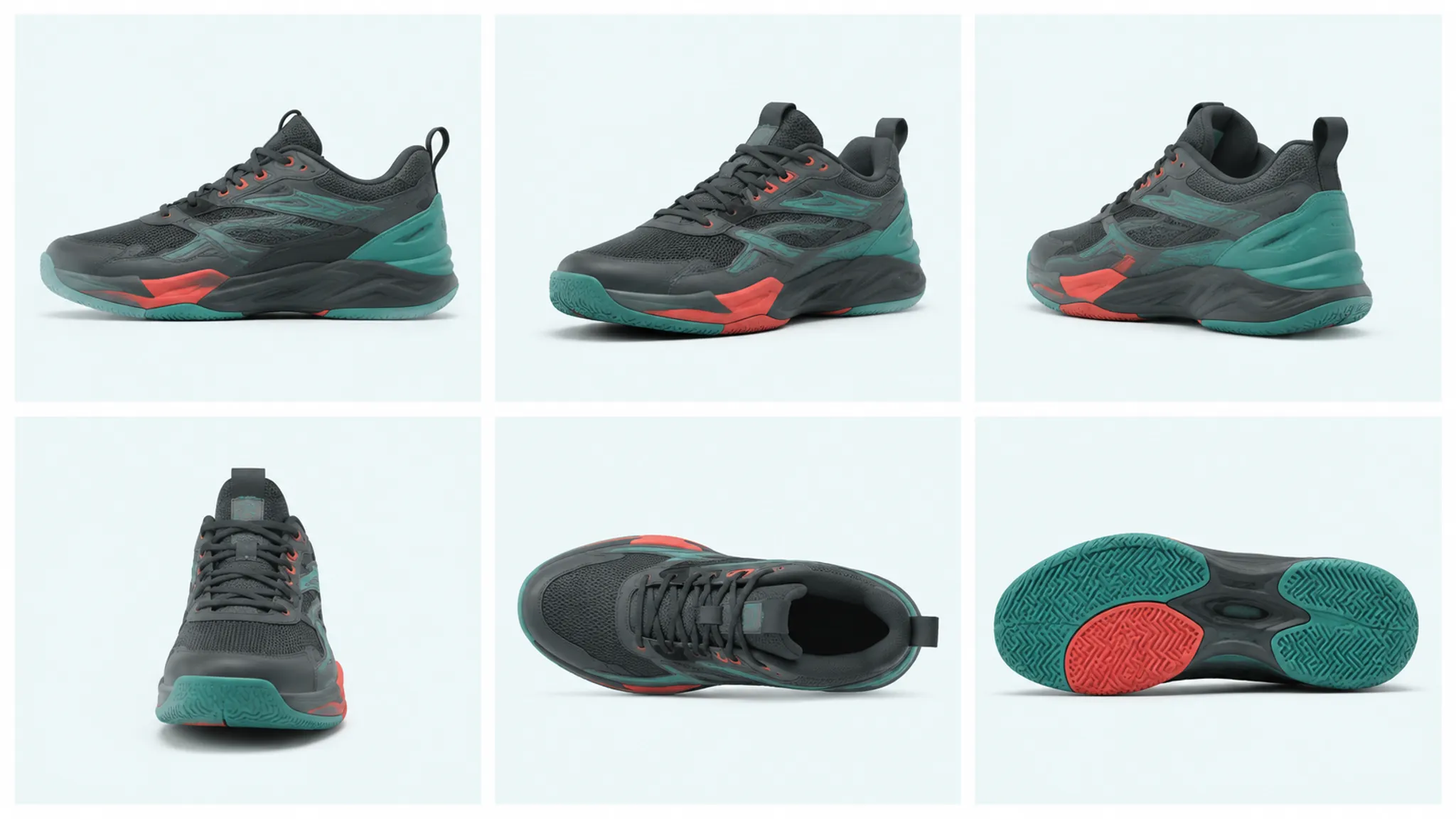 Repeated footwear concept shown from side, three-quarter, overhead, heel, front, and outsole views