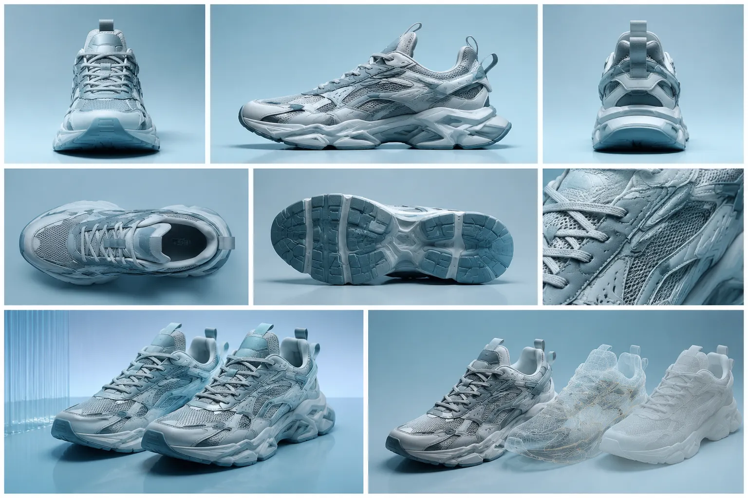 Footwear render angle matrix comparing front, side, rear, top, outsole, detail, and variant views