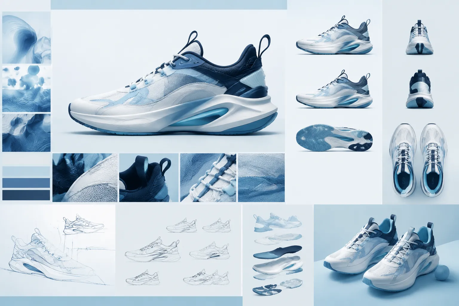 Footwear render review board comparing silhouette, upper zoning, material and color criteria