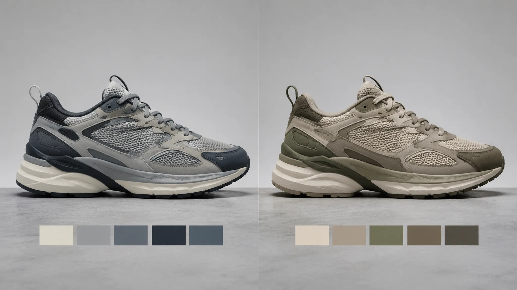 Footwear upper zone comparison showing contrasting colorway directions across shoe panels