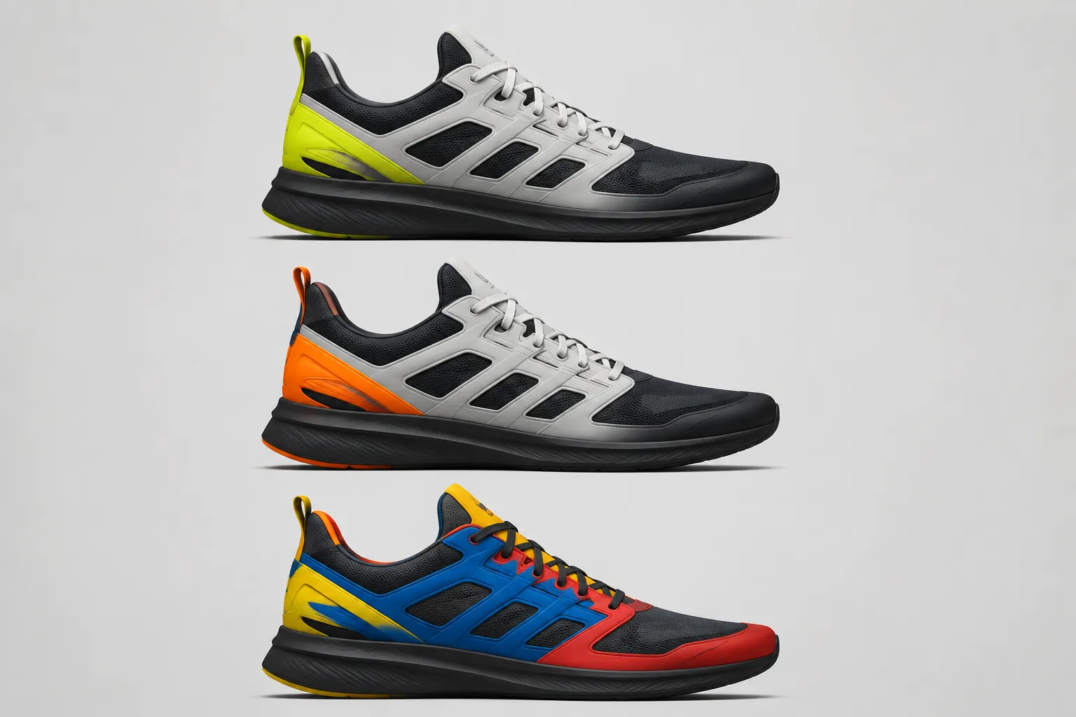 Three hypothetical sneaker concepts comparing stable and changed color-blocking roles