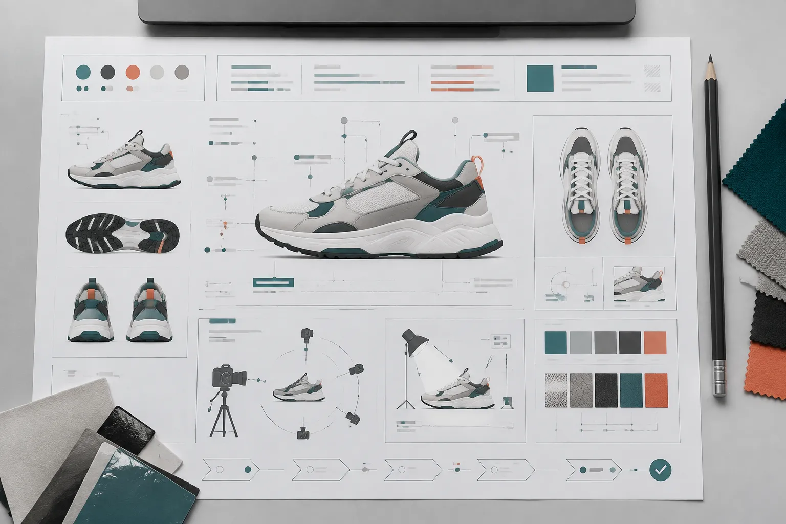 Annotated footwear rendering reference sheet with camera, lighting, product-read, source, and handoff fields