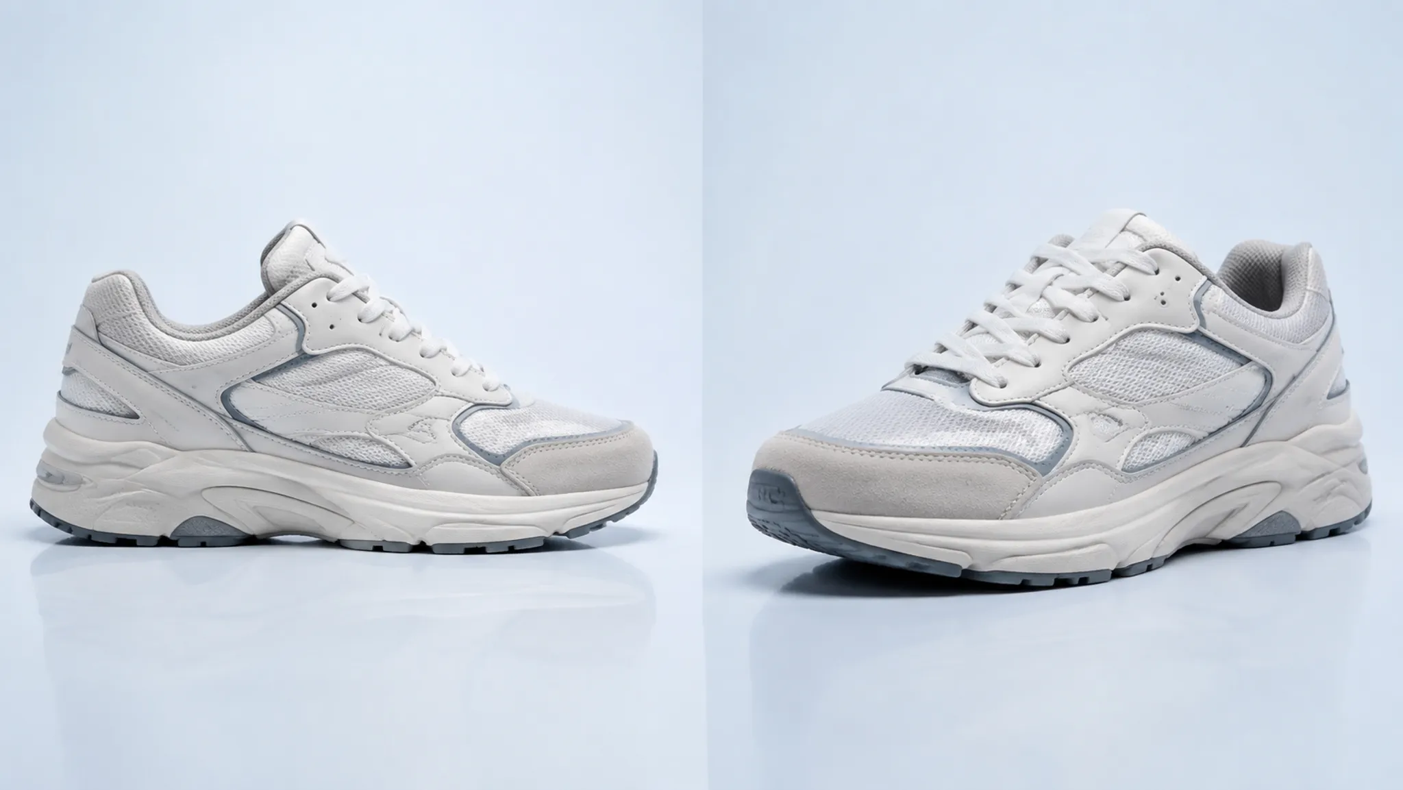 Side and three-quarter footwear renders comparing profile and panel transitions
