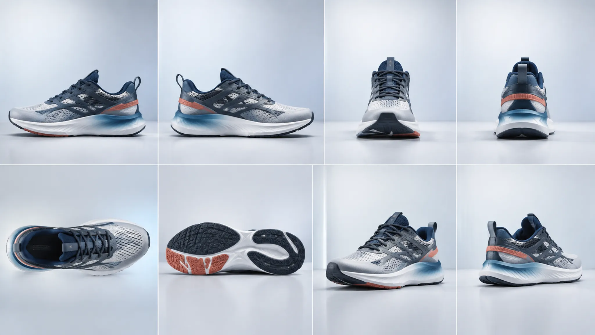Orthographic footwear concept views arranged for coverage comparison